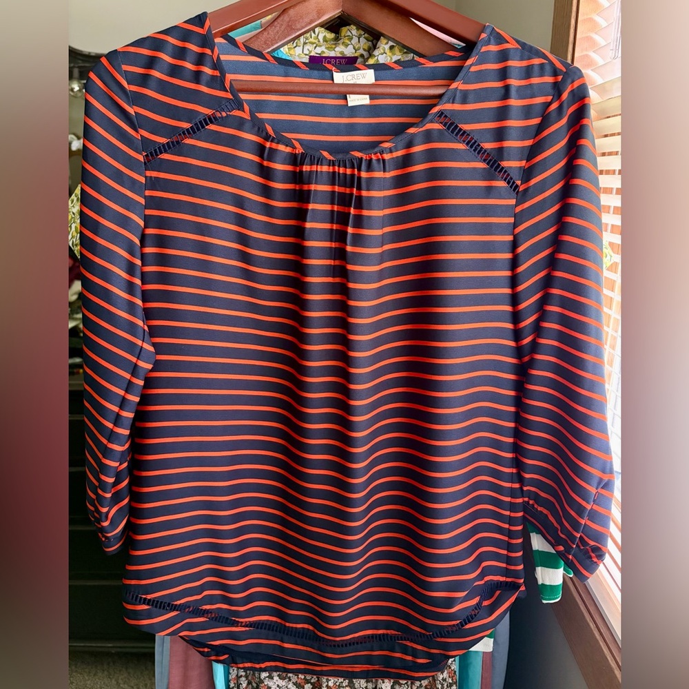 J. Crew Navy and Red Striped Long-Sleeve Blouse